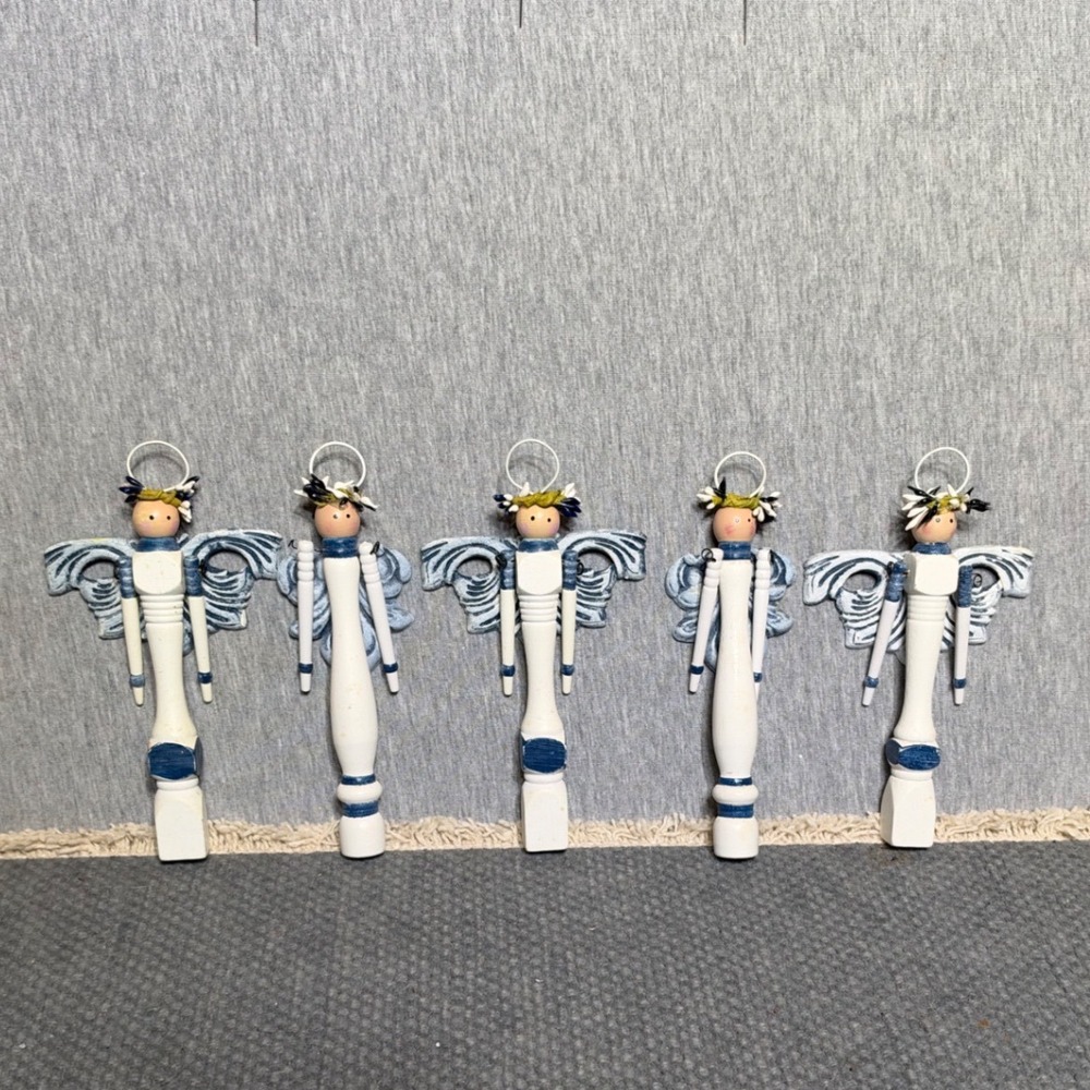 VTG 5 Wood Spindle Angel Ornaments Blue White Hand Painted Cottage core